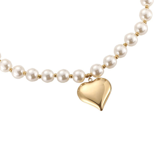 Halskette "Noble Heart & Pearls" Edelstahl 14K vergoldet in zwei Farben