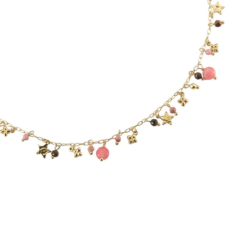 Halskette "Pink Stones & Golden Pendants" Edelstahl 14K vergoldet