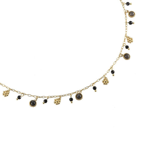 Halskette "Black Stones & Golden Pendants" Edelstahl 14K vergoldet