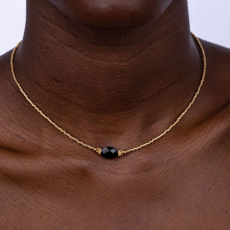 Halskette "Big Black Bead" Edelstahl 14K vergoldet in zwei Farben