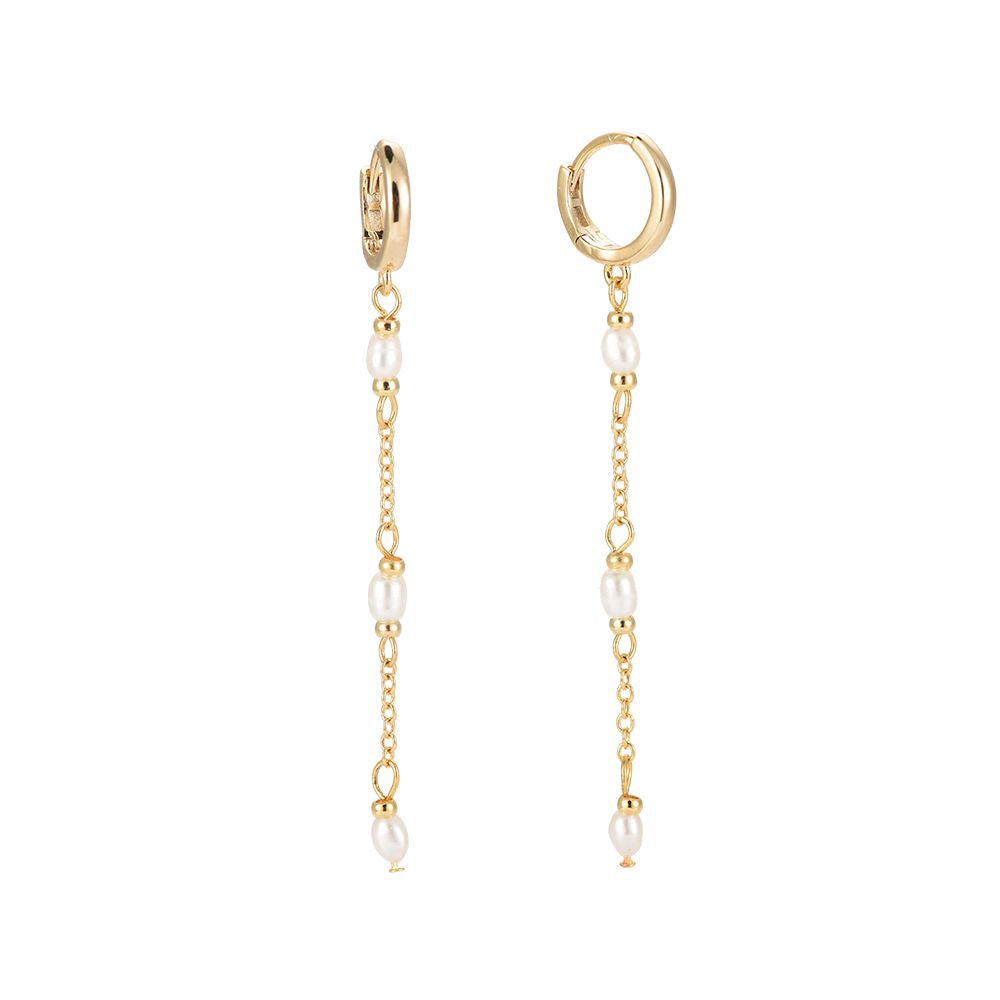 Ohrringe "Oval Pearls Long Chain" 14K vergoldet in zwei Farben