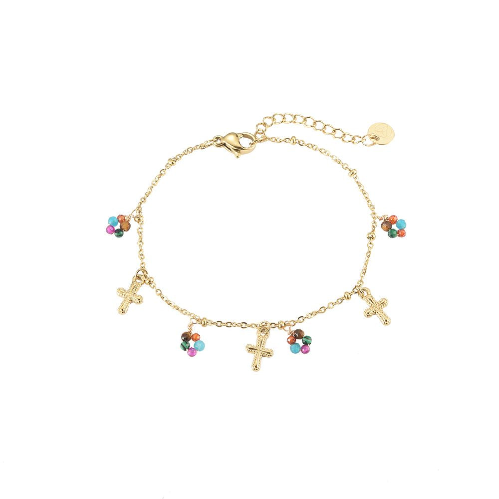 Armband "Colorful Stones & Golden Cross" Edelstahl 14K vergoldet