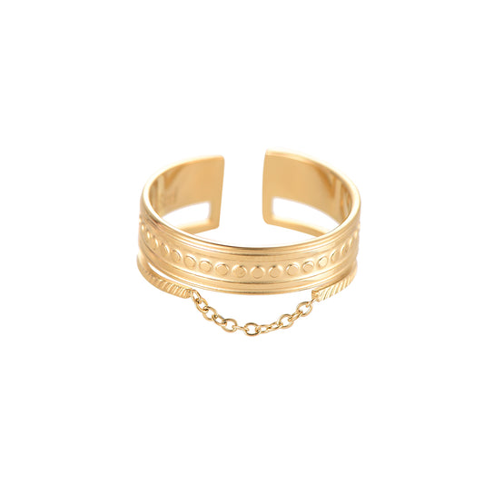 Ring "Geometric Pattern With Chain" Edelstahl 14K vergoldet in zwei Farben