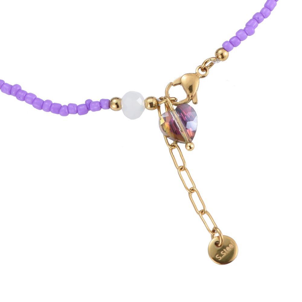 Fußkette "Purple Beads & Dazzling Heart" Edelstahl 14K vergoldet