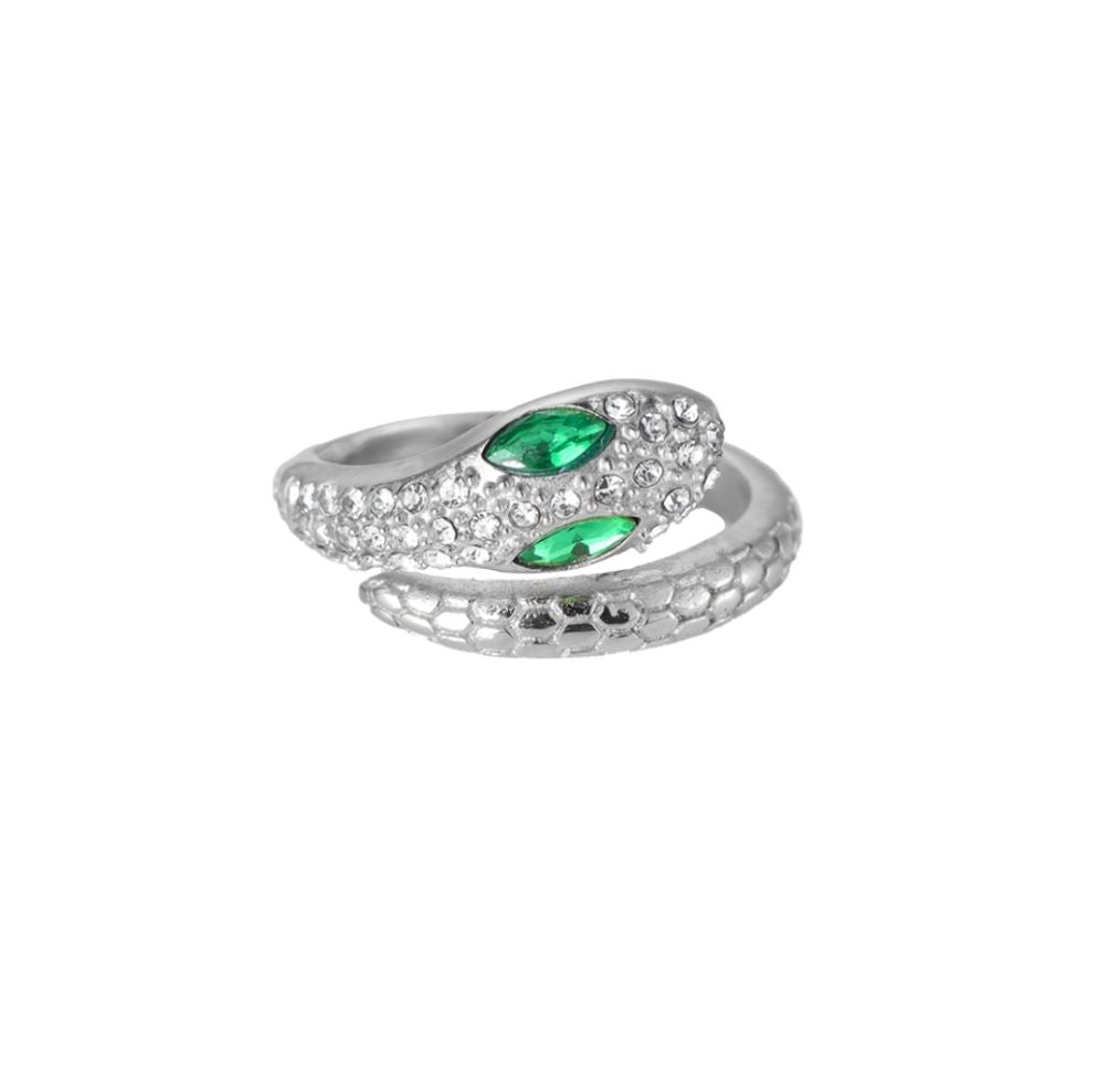 Ring "Green Eyed Snake" Edelstahl 14K vergoldet in zwei Farben