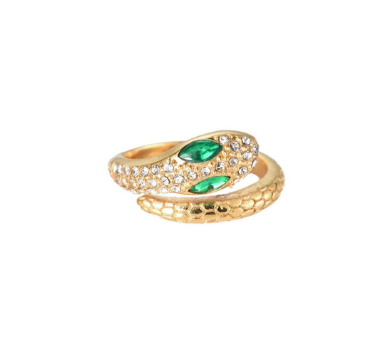 Ring "Green Eyed Snake" Edelstahl 14K vergoldet in zwei Farben